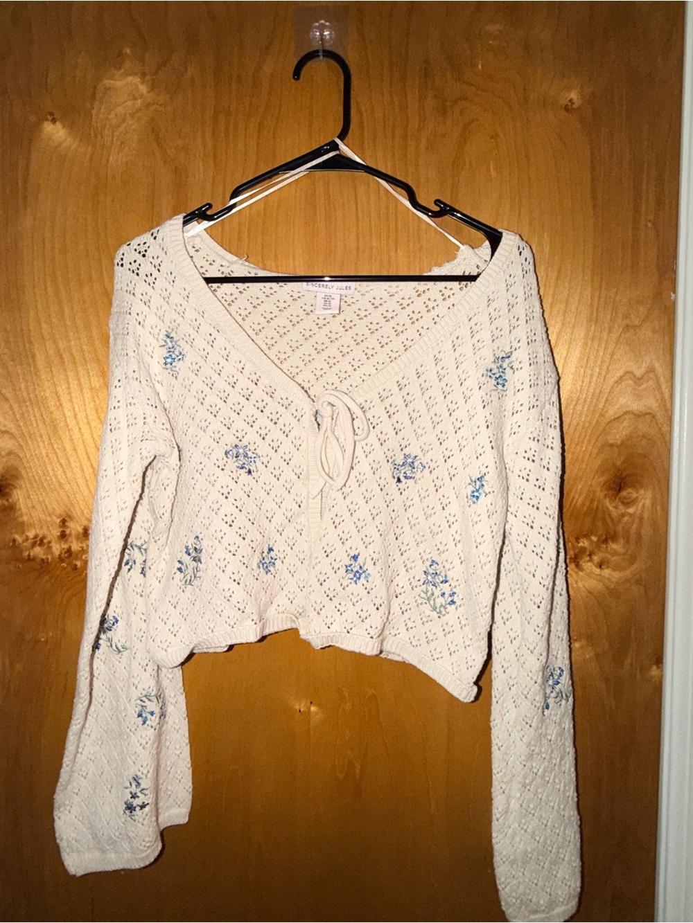 Sincerely Jules Cream Crochet Tie-Front Cardigan with Blue Floral Detail
